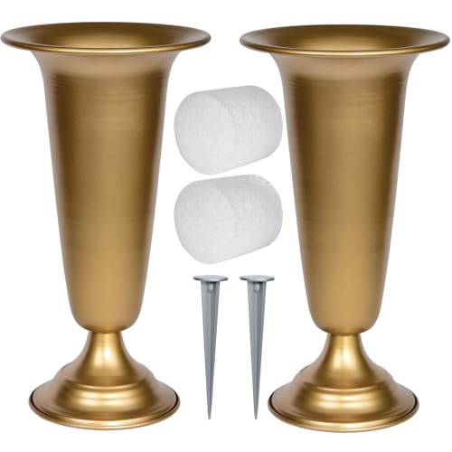 Metal Cemetery Vase, Flower Vases with Metal Base and Stakes for Home Tabletop, Cemetery Flowers, Memorial Grave Decorations (Golden, 2Pcs)