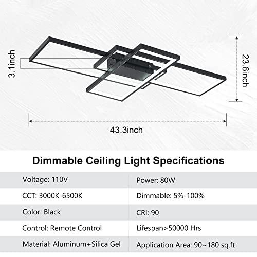 Xemqener Modern Ceiling Light Fixture, Dimmable Led Ceiling Light With Remote, Black Square Acrylic Flush Mount Ceiling Lamps For Bedroom, Living Room, Office, Kitchen, Memory Function (43.3In 80W) #TOP5