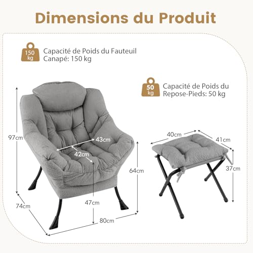 Fauteuil Scandinave Gris avec Repose-Pieds COSTWAY