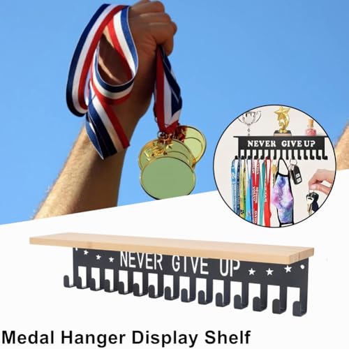 Półka Premium na Trofea i Medale, Bambusowa Półka na Trofea z Metalowymi Haczykami Wieszak ścienny na Medale