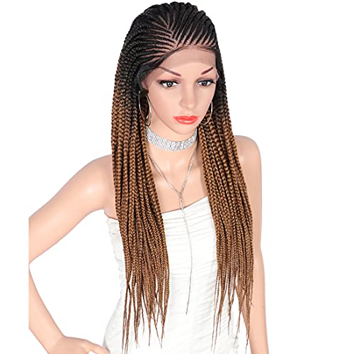 Kalyss 28" Hand-Braided 13X6 Lace Frontal Side Part Twist Braids Wigs With Baby Hair For Black Women 100% Kanekalon Ombre Black To Brown Synthetic Lightweight Hand-Tied Lace Front Box Braided Wig #TOP14