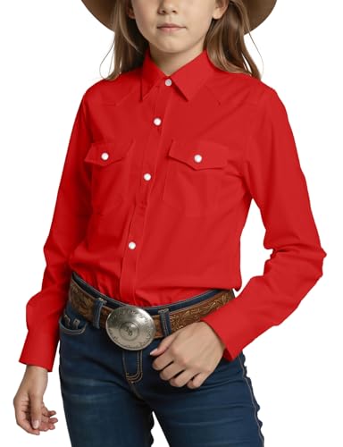 Image of Noomelfish Girls Long Sleeve Western Pearl Snap Button Down Shirt Cowgirl Outfits Blouse Tops (5-14 Years)