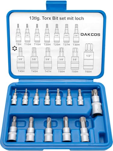DAKCOS 13tlg Torx Bit Set Steckschlüsselsatz T8H -T60H Torx Bit Satz 1/4 3/8 1/2 T-Profil mit Bohrung aus CR-V