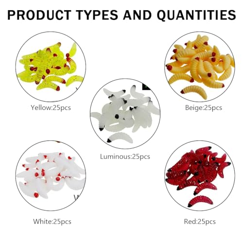Image of Proberos Fishing Lures, 125 Pcs Fishing Soft Plastic Lures, Fishing Lures Kit with Portable Box & 5-Color Worms Lures & 1 Inch Soft PVC Realistic Maggot Fishing Baits