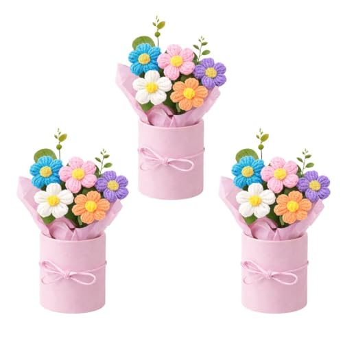 Image of VCR Handmade Mix Crochet Bouquet- Pack of 3 - Hand Woven Knitted Artificial Hand Knitted Bouquet Flower for Office Desk, Table, Car, Bedroom, Wedding & Special Occasions