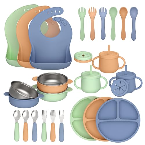 Image of 27 Pack Silicone Baby Feeding Set, Hepotk BPA-Free Food Grade Baby Feeding Essentials Utensils, Second Stage Baby Food Eating Utensils, Set of 3 babies(Brown, Blue, Green)