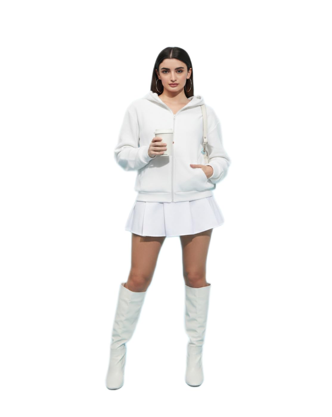 Ladies Full Sleeve Hooded Zip Sweatshirt | Solid Winter Hoodie Jacket|2 White-image-12