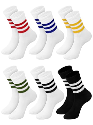 6 Pairs Striped Crew Socks for Women Casual Retro Cute Cotton Striped Tube Athletic Socks Solid Color for Sports Running
