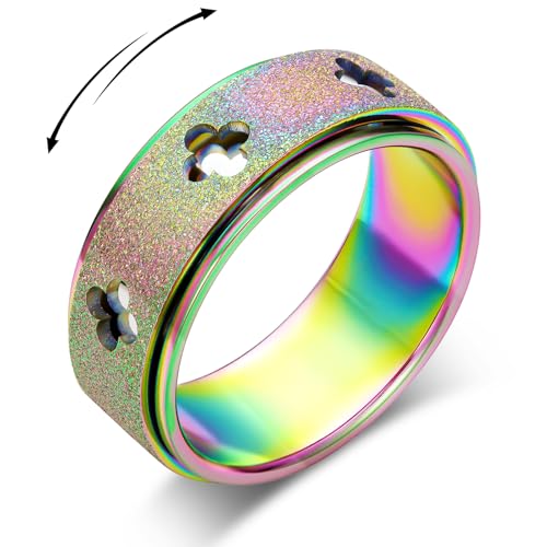 LuckyAmor Anxiety Spinner Ring for Women - Stainless Steel Fidget Spinner Ring, 8mm Band Thumb Roating Rings for Stress Relief for Adults Ring Size 6 7 8 9 10 (Rainbow, Size 7) by LuckyAmor - Used condition - US$8.02