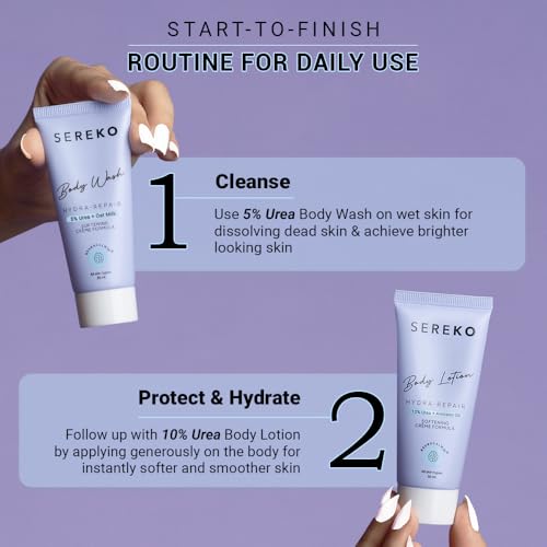 Image of Sereko 48H Skin Relief Body Wash and Lotion Travel Combo | Urea Treatment for Strawberry Legs, Detan, Brightening |Gentle Exfoliating, AHA & BHA Free for Very Dry, Flaky Skin 60ml