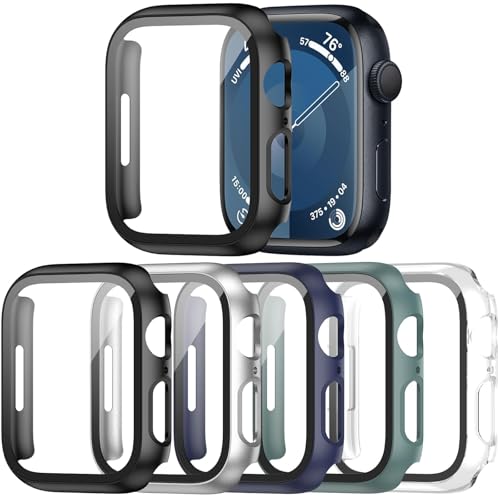 Haojavo 5 Pack Case with Tempered Glass Screen Protector for Apple Watch Series 9 8 7 45mm PC Hard Ultra-Thin Slim Fit Scratch Resistant Bumper Protective Cover for iWatch S9 S8 S7 45mm Accessories