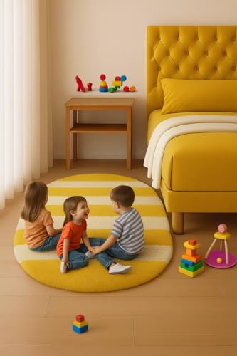 Image of Fluffy Silky Micro Fiber Polyster Carpet /Runner for Bedroom, Study Room, Playing Room, Guest Room ETC. 2x4 Feet, (Yellow and Ivory new line)