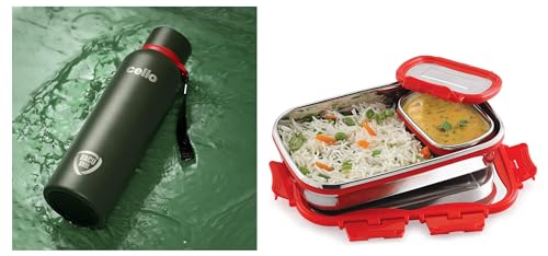Cello Duro Tuff Steel Series Kent Flask | 900 ml, Military Green & Cello Click It Lunch Pack for Office & School Use (Veg Box Included Red), Capacity - 175-1pc, 925ml-1pc