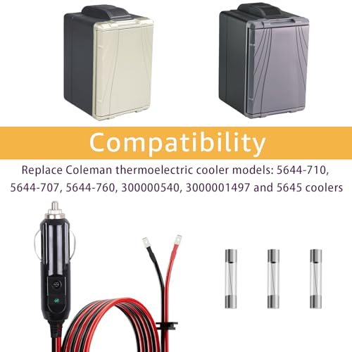 Image of 12V /24V Thermoelectric Cooler Cable Replacement for Coleman Electric Cooler Parts, Replacement for Coleman Cooler OE # 5644-710, 300000540, 5644-707, 5645Plug Cord,8 Feet 15A Cooler Cord w /Fuse