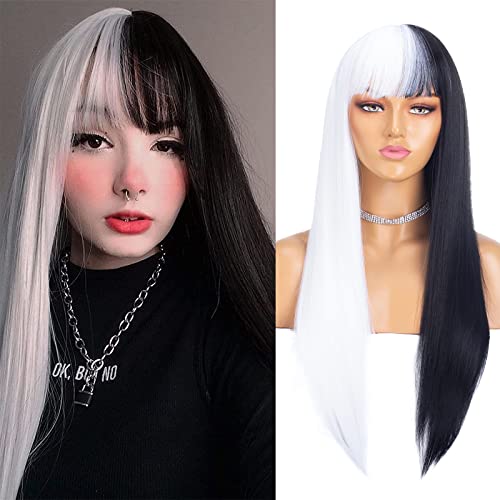 Xtrend 61 cm gerade Haarreif-Perücke langes glattes synthetisches schwarzes und weißes Haar, natürlich aussehendes Stirnband, befestigt, klebefreie Perücken, einfach zu tragen für Frauen Cover
