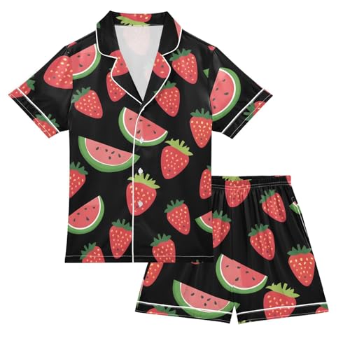 ALAZA Watermelon Strawberry Black Satin Pajamas Set Short Sleeve Button Down Sleepwear Summer Pjs 2 Piece