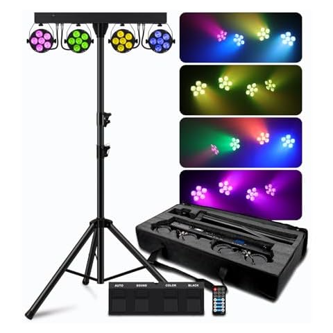 Telbum DJ Stage Lights with Stand, RGBW LED Stage Lighting Package, DMX/Footpedal/Remote Control/Sound Activated, Par Lights Kit Spotlight, DJ Lighting System for Booth, Band, Wedding, Show, Church Cover
