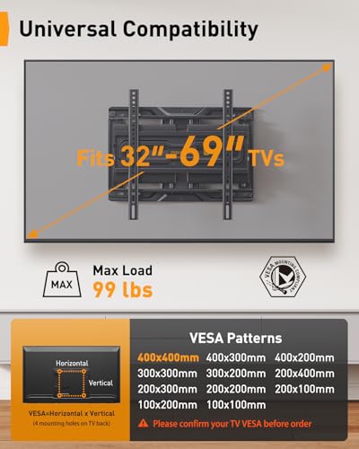Perlegear Full Motion TV Mount for 32-69 Inch TVs up to 99 lbs, Max VESA 400x400mm, Fits 16”/12” Wood Studs, Height Adjustable Pre-Assembled TV Wall Mount, Tool-Free Tilt, Swivel & Extension, PGMF21.