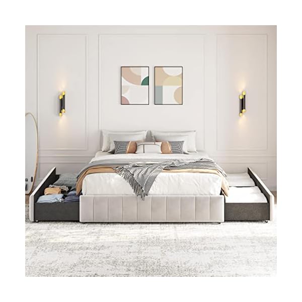 Yaheetech Queen Size Platform Bed Frame with 4 Storage Drawers, Upholstered Bed Frame with Strong Wooden Slats/Mattress Foundation/No Fixed Headboard/No Box Spring Needed/Large Storage Space, Beige
