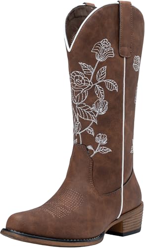 Jeossy Women's Cowboy Mid Calf Boots with Embroidery Flower, Low Heel Western Cowgirl 9807 Boots