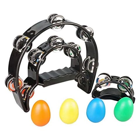 SUNYIN Double Row Tambourine,Metal Jingles Hand Held Percussion Hand Tambourine and Foot Tambourine Percussion with Egg Shaker Musical Instrument Cover