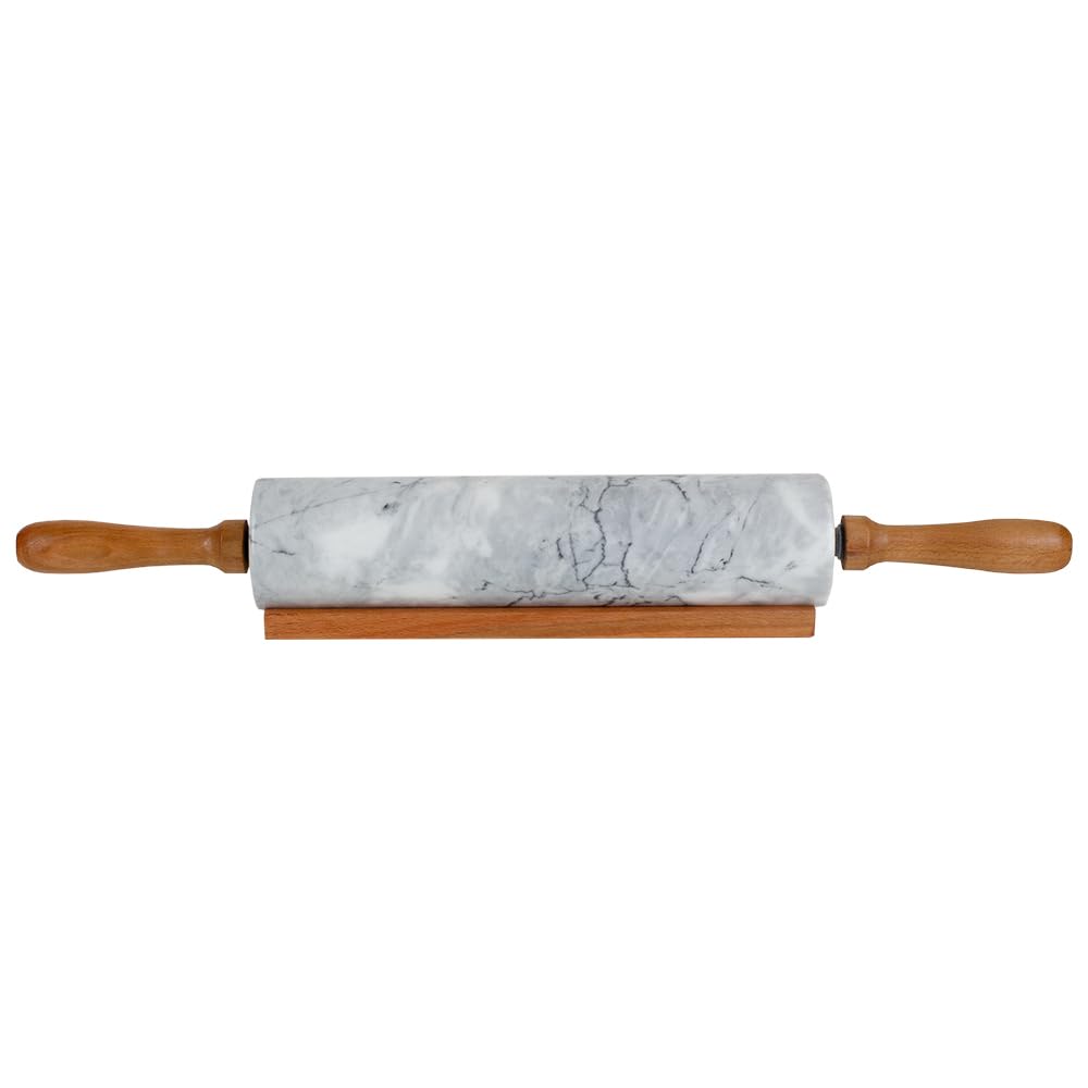 Home Basics Rodillo de piedra de mármol CRA blanco con asas de madera de fácil agarre y soporte de exhibición de cuna de madera, pesado y sólido para hornear panadería donuts Cookie