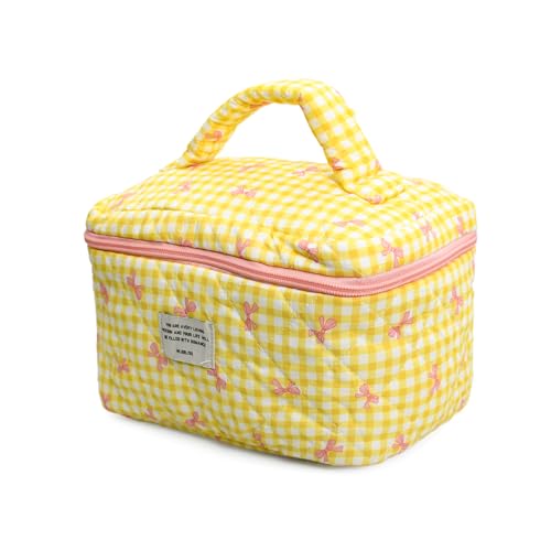 Niedlich Kosmetiktasche Mädchen Gelb, Faltbare Make Up Tasche aus Gesteppter Baumwolle mit Schleifenmuster, Schminktasche Mädchen mit Bequemen Griffen für Reise & Alltag