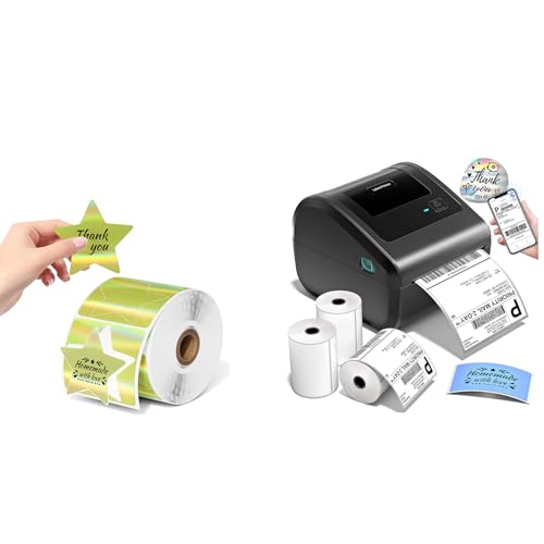 Image of Bluetooth Shipping Label Printer with 3 Roll Labels & 500 Sheets 3 Inch Golden Star Holographic Thermal Labels, D450BT Thermal Label Printer 4x6 for Small Business, Shipping Packages, Office, Home