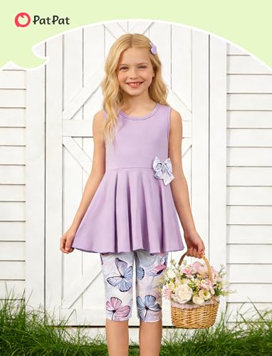 Image of PATPAT Girls Summer 2 Piece Outfits 4-12Y Butterfly Bow Sleeveless Tunic Tops and Floral Print Shorts Cute Clothes