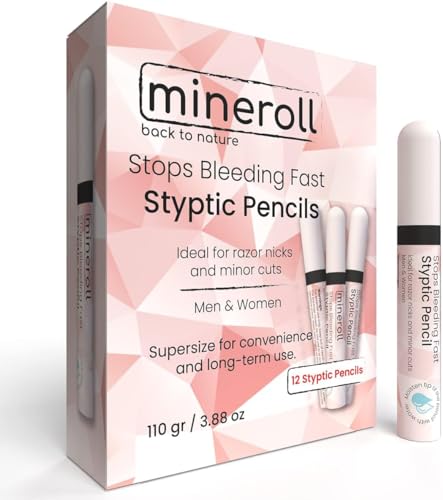 Mineroll Styptic Pens Accesorios de afeitado (12 bolígrafos) Detiene el sangrado rápido para afeitarse Undercuts, Razor Cuts para hombres y mujeres, ideal para peluqueros o personal