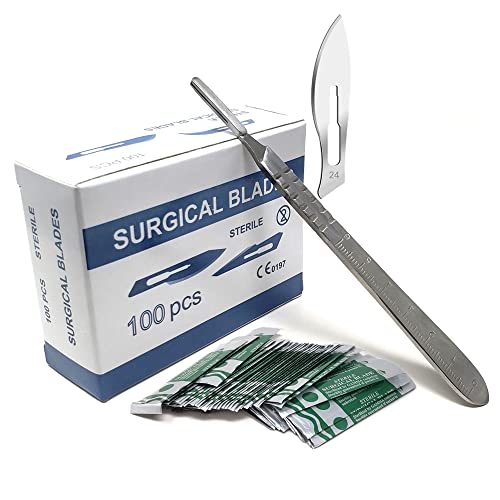 Box of 100 Scalpel Sterile Blades Carbon Steel Individually Foil Wrapped With Stainless Steel Scalpel Handle (Blade #24 + Handle #4)