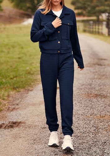 Image of PRETTYGARDEN Womens Two Piece Sets Fall 2026 Long Sleeve Button Down Shacket Jacket Long Sweatpants Tracksuit Winter Clothes