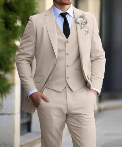Men's Slim Fit Suit Set 3 Piece Suits for Men Regular Fit Solid Blazer for Wedding Business Prom with a Tie,Champagne,2XL2