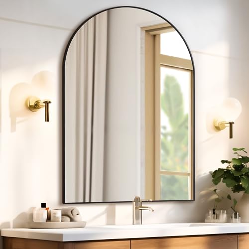 Mirrorons 38 x 26 Inch Black Large Arched Mirror for Bathroom Vanity Mirror, Arched Wall Mirror with Metal Frame, Decor Modern Dresser Mirror for Bedroom Living Room Entryway, Shatterproof