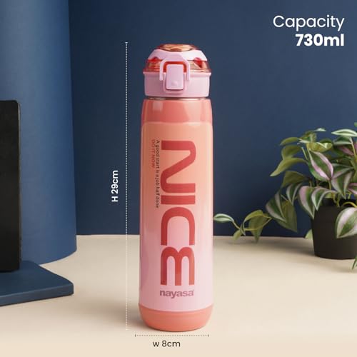 Image of Nayasa Turbo Water Bottle 730ml | BPA Free Plastic | Leak Proof Push Button Cap | School, Office Use | Pink