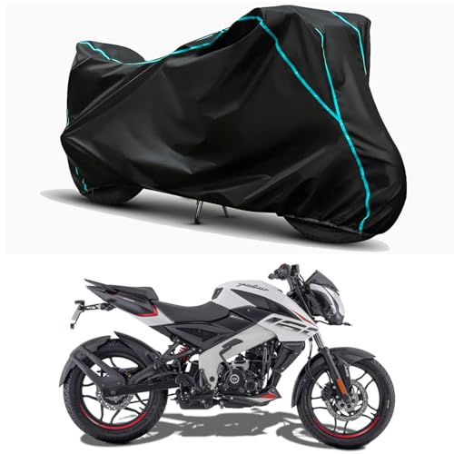 Image of Waterproof Bike Body Cover Compatible for | Bajaj Pulsar NS160 Disc BS6 | Taffeta Fabric, Sky Piping Design, Bottom Elastic Fit | Dustproof, Sun UV & Rain Protection for All Weather.
