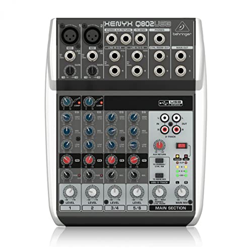 Behringer XENYX Q802USB Premium 8-Input 2-Bus Mixer with XENYX Mic Preamps and Compressors, British EQs and USB/Audio Interface