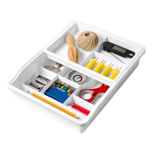 madesmart 13-Compartment Junk Drawer Organizer with Sliding Top Tray, Multi-Purpose Storage for Kitchen, Office & Bathroom Drawers, White