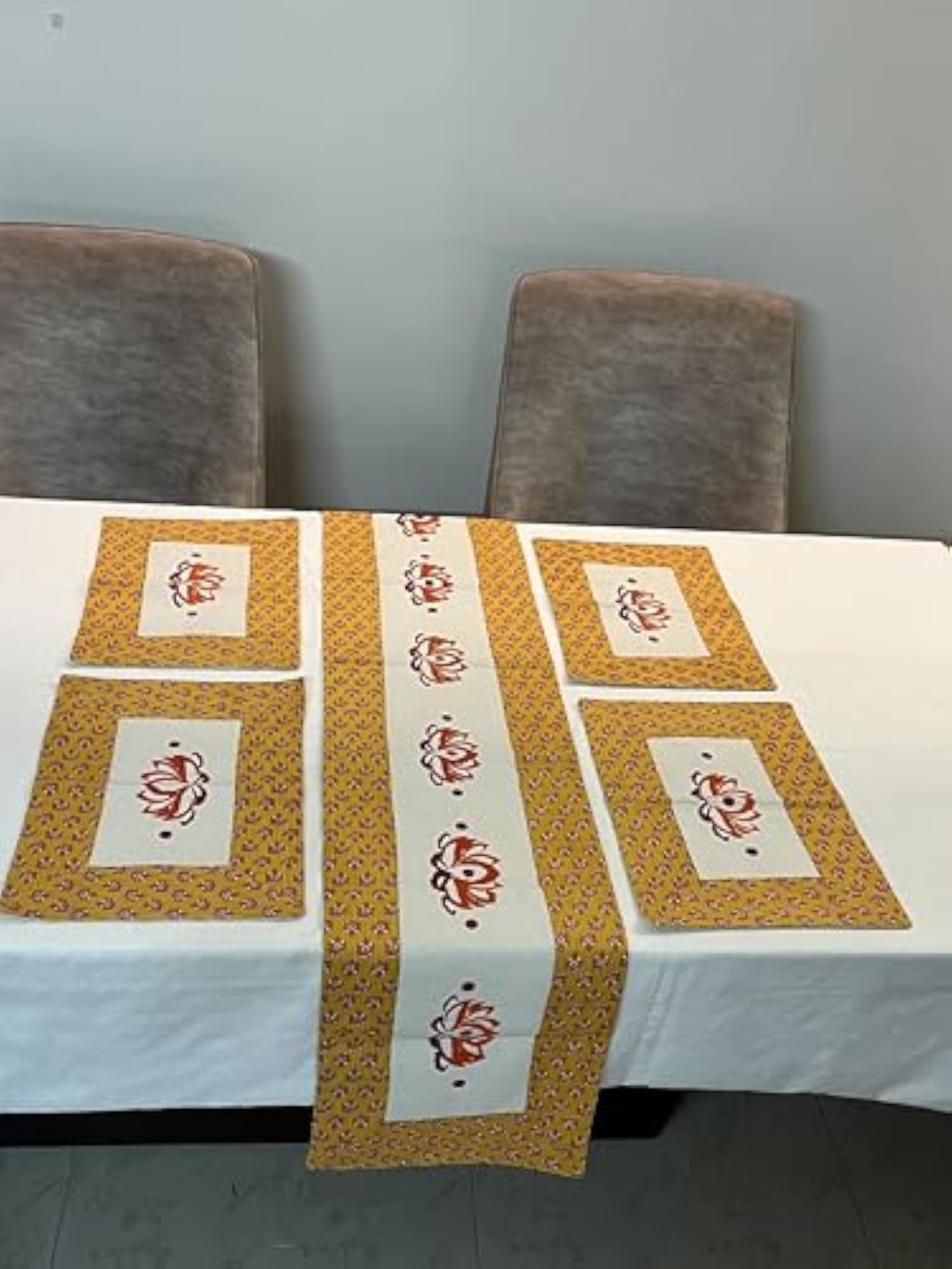 Handpainted Set of 6 Dining Mats with Runner, Orange