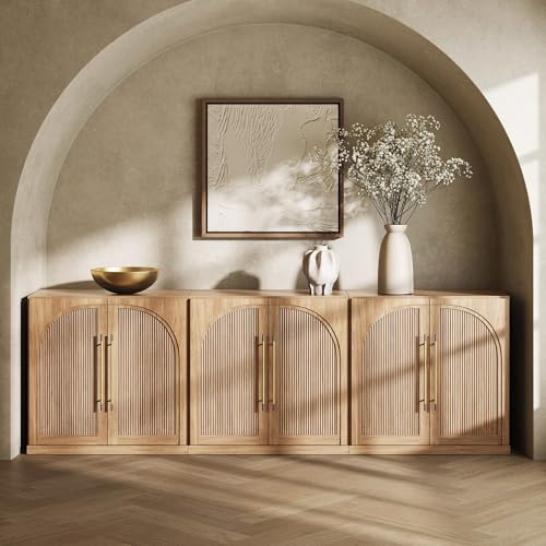 Image of BELLEZE Set of 3 Modular Sideboard with Double-Arc Wood Doors, 97'' Arched Buffet Cabinet with Storage and Adjustable Shelves, Classic Modern Credenza for Living Room Kitchen Entryway (Camel)
