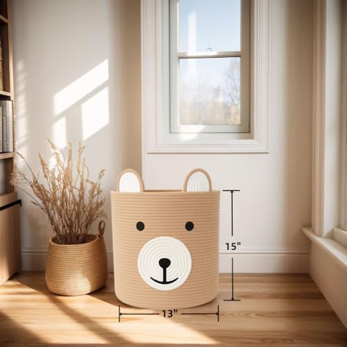 Image of Baby Laundry Basket, Bear Basket, Baby Shower Baskets, Bear Gift Baskets for Kids, Nursery, Toy Storage, Cotton Rope Hamper with Handles (Light Brown, 13 inch D x 15 inch H)
