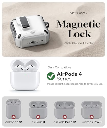 Image of for AirPods 4 Case with Lock (White) | Compatible with MagSafe,with Phone Stand,with Automatic Snap Switch Carbon Fiber Design Protection Cover with Cleaning Pen