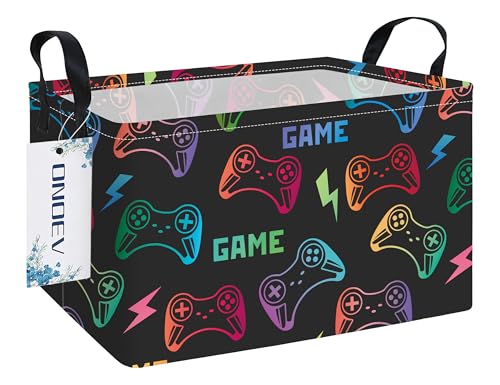 Image of Rectangular Gaming Pattern Foldable Clothes Closet Storage Bin | Damp resistant canvas fabric, sturdy stitched carry grips, space-saving holder arranges wardrobe and leisure area personal.