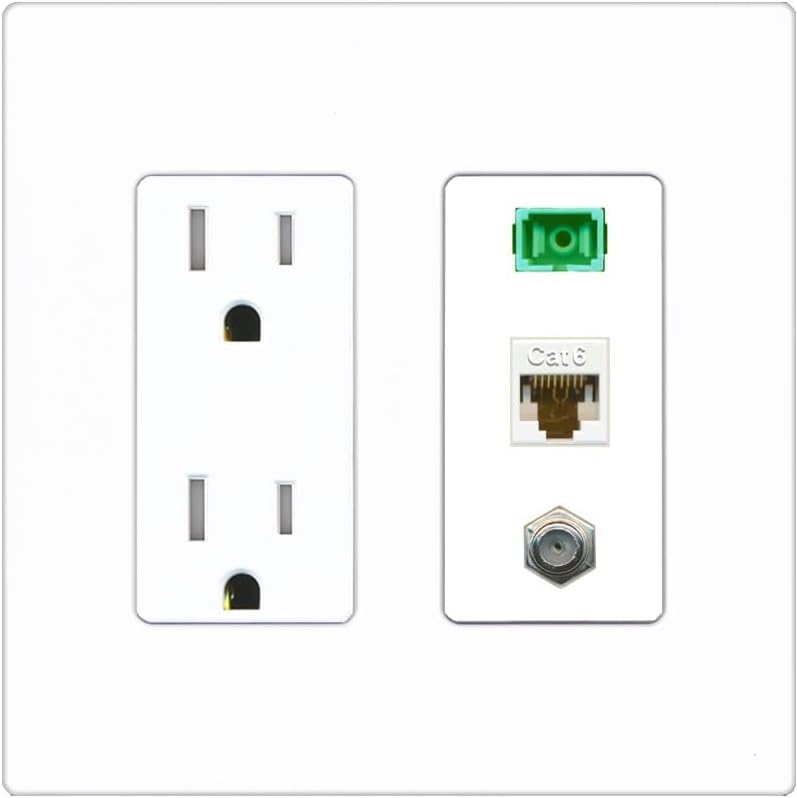 RiteAV 1 Port Fiber Optic Jack SC Simplex APC + Cat6 + Coax Wall Plate - Tamper-Resistant Outlet [Red/White]