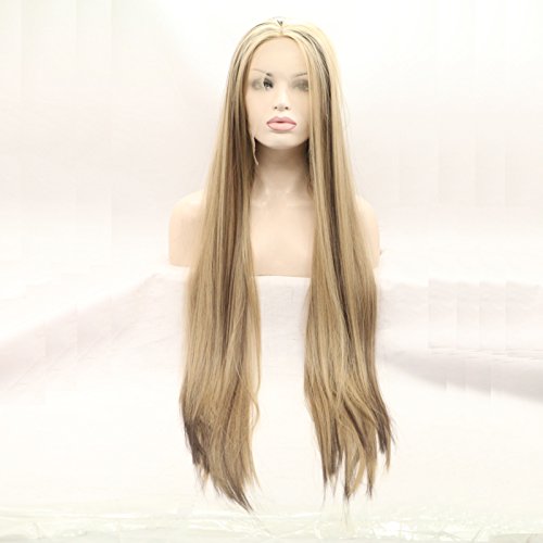 Long Straight Mixed Color Blonde Brown Synthetic Lace Front Wig With Heat Resistant Two Tone Glueless Replacement Wigs