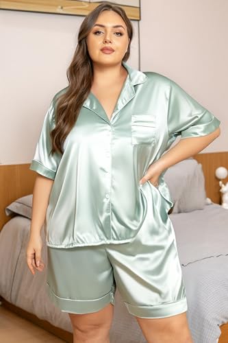 Image of Vozanet Women's Short Sleeve Satin Pajama Sets Silky Ladies Button Down Loungewear Plus Size Nighty Shorts Sets XL to 5XL