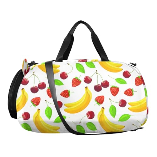 Strawberry Cherry Leaf White Kids Travel Duffel Bag for Boys Girls Overnight Weekend Tote Bag with Shoes Compartment for Sleepover Trip Beach2