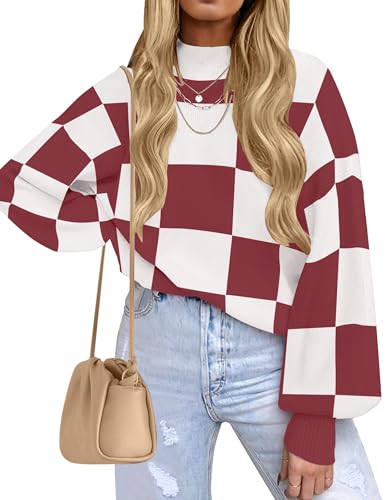 Image of ZESICA Women's 2026 Fall Striped Pullover Sweaters Tops Fashion Outfits | Checkered, Mock Neck, Oversized, Trendy Casual Loose Fit, Cute, Chunky Cozy Holiday Winter Clothes