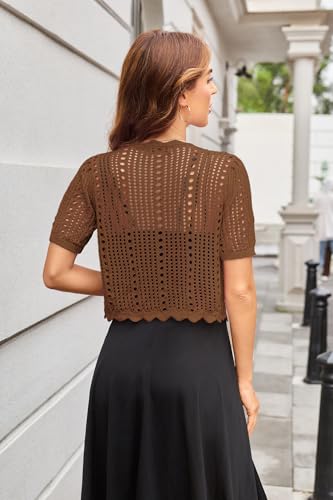 Image of Kate Kasin Women Crochet Shrug Knit Sweater, Short Sleeve Cropped Cardigan | Tie Front Tops Light Weight, Knit Cover Up Arm Bolero For Evening Dresses Dressy Casual, Ladies Eyelet Shawl Thin Formal