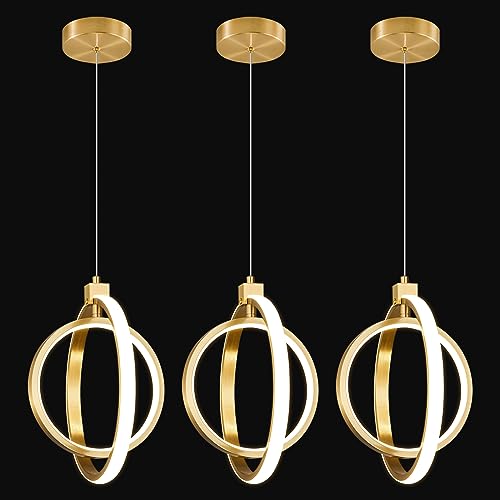Image of Modern LED Chandelier Gold Ring Pendant Light Fixtures 4000K Dimmable Height Adjustable Pendant Lighting for Dining Room Kitchen Island Bedroom Living Room Foyer（3-Pack）